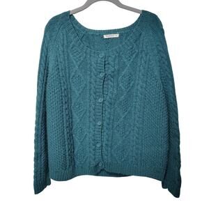 WoolOvers Women's Sz XL Dark Green Cable Knit Cardigan Sweater 100% Wool Chunky